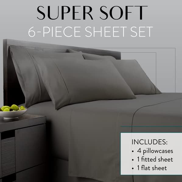 Danjor Linens Bed Sheet Set Cal King for Hot Sleepers, Hotel Premium Sheets with 4 Pillowcases, Lightweight Brushed Microfiber Deep Pockets, Breathable Cooling 6 Piece Bedding Sets, Gray