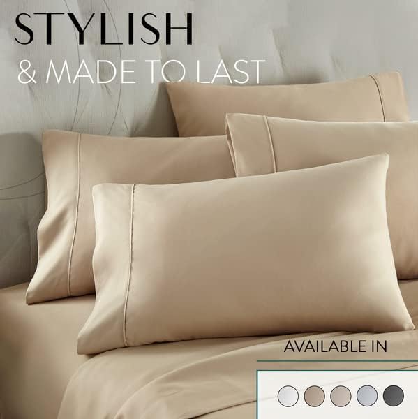 Danjor Linens Bed Sheet Set Queen Size for Hot Sleepers, Hotel Premium Sheets with 4 Pillowcases, Lightweight Brushed Microfiber Deep Pockets, Breathable Cooling 6 Piece Bedding Sets, Taupe