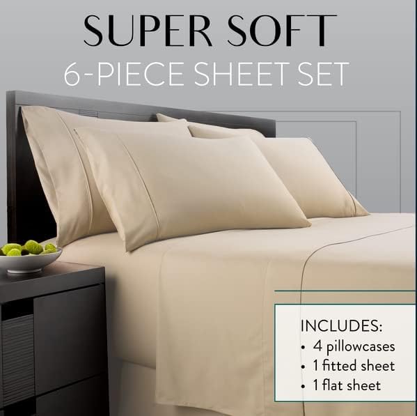 Danjor Linens Bed Sheet Set Queen Size for Hot Sleepers, Hotel Premium Sheets with 4 Pillowcases, Lightweight Brushed Microfiber Deep Pockets, Breathable Cooling 6 Piece Bedding Sets, Taupe