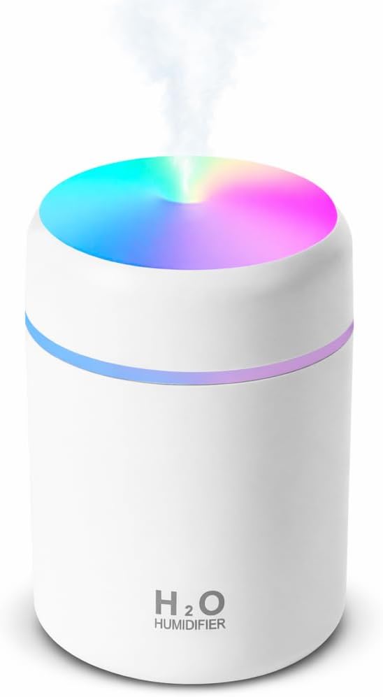 Portable Small Humidifier, 300ml Mini Cool Mist Humidifier, USB Personal Desktop Humidifiers for Baby Bedroom Travel Office Home, Auto Shut-Off, 2 Mist Modes, White