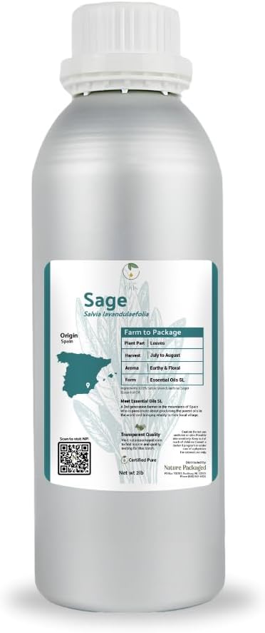 Sage Essential Oil - Direct from Essential Oils SL Spain - Steam Distilled - Aceite Esencial de Salvia for Aromatherapy, Massage, Diffuser, DIY Candle and Soap Making - 2lbs