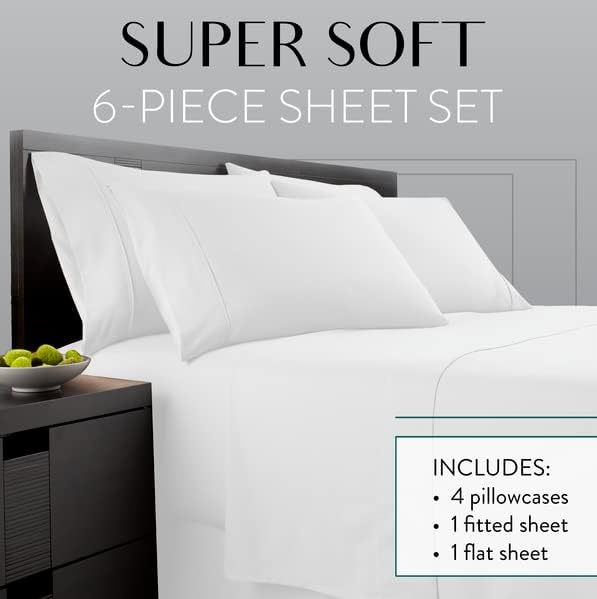 Danjor Linens Bed Sheet Set King Size for Hot Sleepers, Hotel Premium Sheets with 4 Pillowcases, Lightweight Brushed Microfiber Deep Pockets, Breathable Cooling 6 Piece Bedding Sets, White
