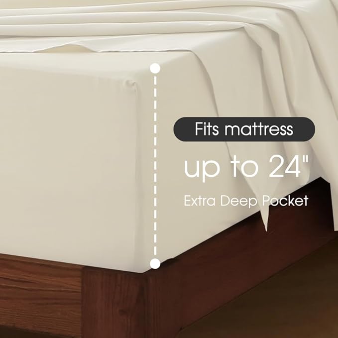 HYPREST 100% Cotton Percale Sheets Queen Size - 18-24 Extra Deep Pocket Bed Sheet Set Queen, Crisp & Breathable Cooling Bedding (Ivory)