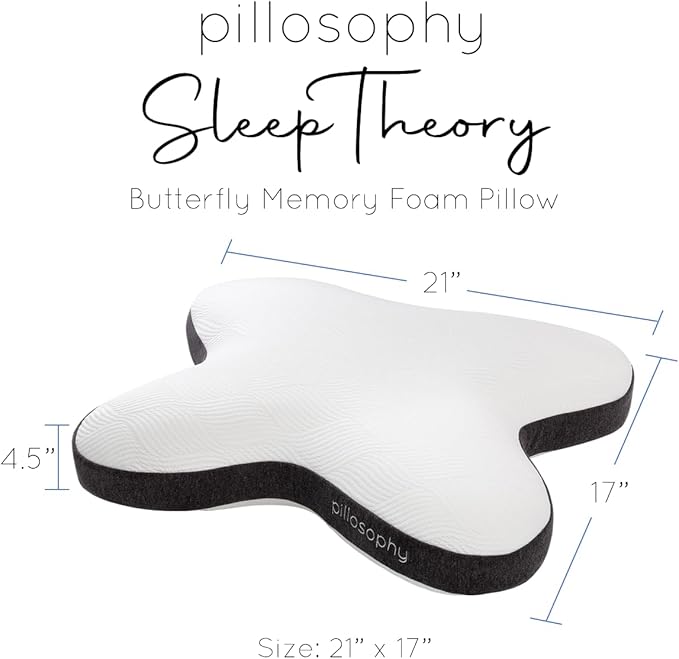 pillosophy SleepTheory Pillow • Butterfly Shape • Memory Foam Core • Contoured for Neck & Shoulder Alignment • Washable Cover • Medium Firmness • Perfect as Bed or Throw Pillow (Standard Size)