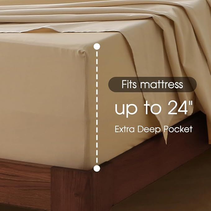 HYPREST Deep Pocket King Sheets Beige-100% Cotton Sheet Sets Fits 18"-24" in Deep Mattress, Hotel Luxury Soft Wrinkle Free Cooling Sheet Sets for King Bed Deep Pocket