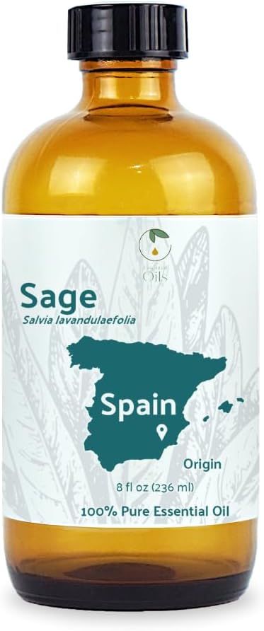 Sage Essential Oil - Direct from Essential Oils SL Spain - Steam Distilled - Aceite Esencial de Salvia for Aromatherapy, Massage, Diffuser, DIY Candle and Soap Making - 8oz