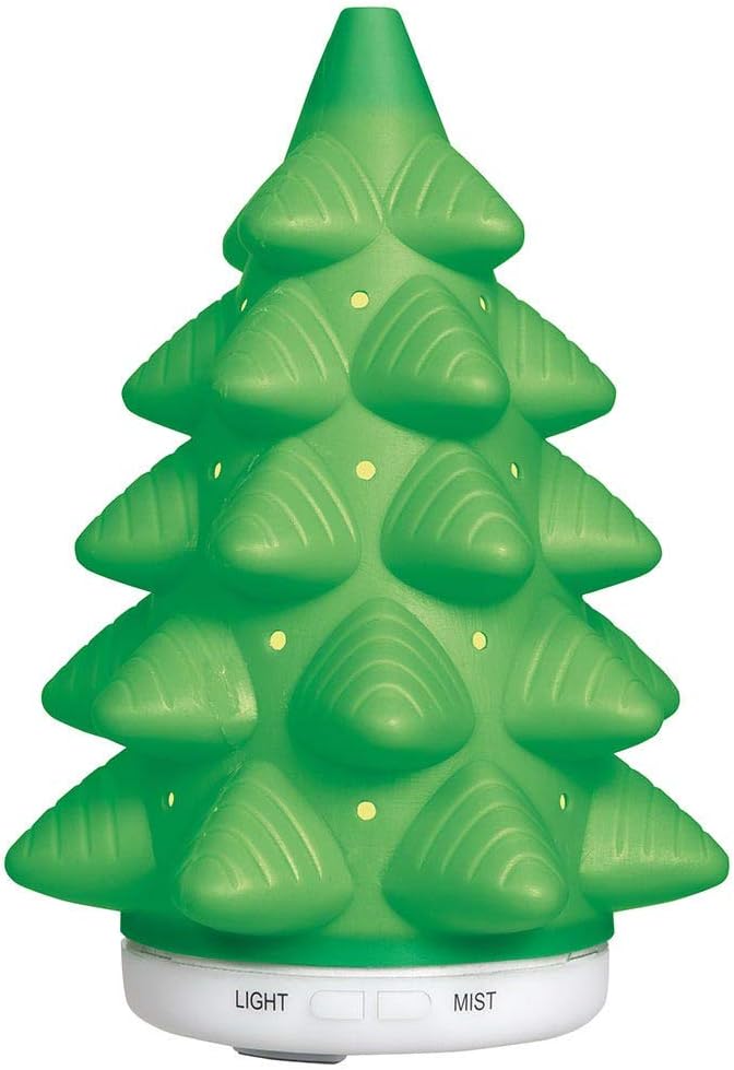 Pure Essential Oil Works LED Ultrasonic Christmas Tree Diffuser, Extra-Large 5.4 oz. Reservoir with Two Mist Options, Seven LED Light Colors, 6" Round x 9" H, Green
