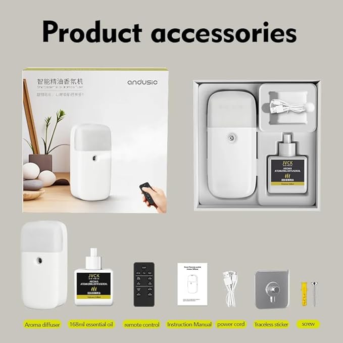 Andusic Smart Waterless Aroma Diffuser 168ml – Wall-Mounted, Silent, Remote-Controlled, Automatic Shutoff, for Home & Office – 200 sq ft Coverage