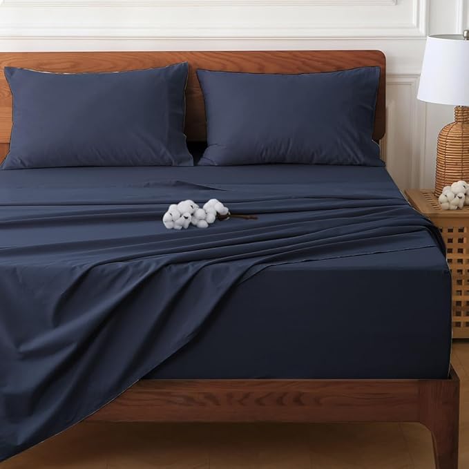 HYPREST Extra Deep Pocket Cal King Sheet Sets Fits 18"-24" in Thick Mattress -100% Cotton Sheet Set,Navy Blue Sheets Soft Wrinkle Free Cooling Sheet Sets