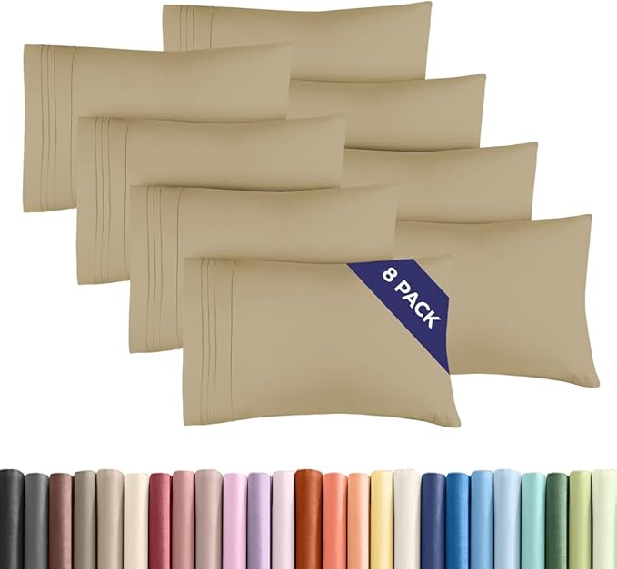 Standard Pillow Cases Set of 8 - Ultra Soft Hotel Quality Pillowcase Covers - Comfy, Cozy & Wrinkle Free - Shrink, Stain and Fade Resistant - Machine Washable Pillow Protectors - 8 Piece Set - Beige
