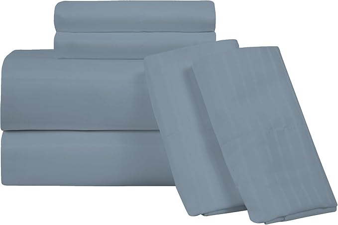 ROYALE LINENS 1500 Thread Count Poly/Cotton Sateen Dobby StripeSheet Set - 6 Piece Queen Bed Sheets - 1 Fitted, 1 Flat, 4 Pillow Cases -Soft Cool & Crisp Sheet Set (Queen, Dusty Blue)