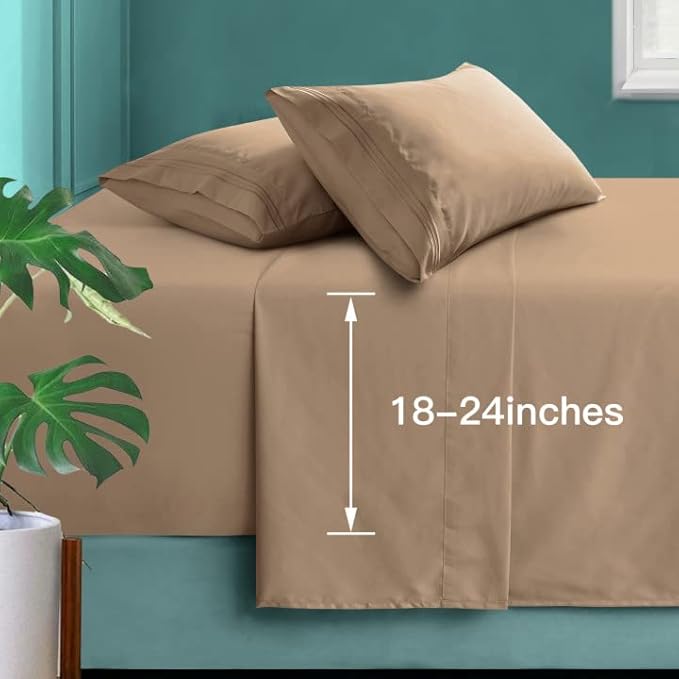 Manyshofu Extra Deep Pocket King Size Sheets - Hotel Luxury 1800 Thread Count Sheets & Pillowcases - Microfiber Bedding Set up to 24" Mattress - Khaki Bed Sheets 18-24 Inch Deep Pockets - 4 Piece