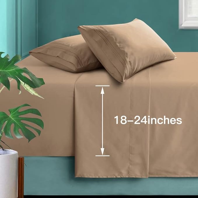 Manyshofu Extra Deep Pocket Full Size Sheets Set - Hotel Luxury 1800 Thread Count Sheets & Pillowcases - Kids Bedding Set up to 24" Mattress - Khaki Bed Sheets 18-24 Inch Deep Pockets - 4 Piece