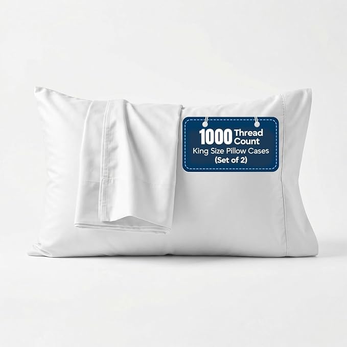 1000 TC Pillowcases Set of 4 100% Egyptian Cotton Pillow Cases with Long Staple Cotton & Sateen Weave, Silky Soft Hotel Like Bed Pillow Covers, Snug Fit (White, 2 Pc King)