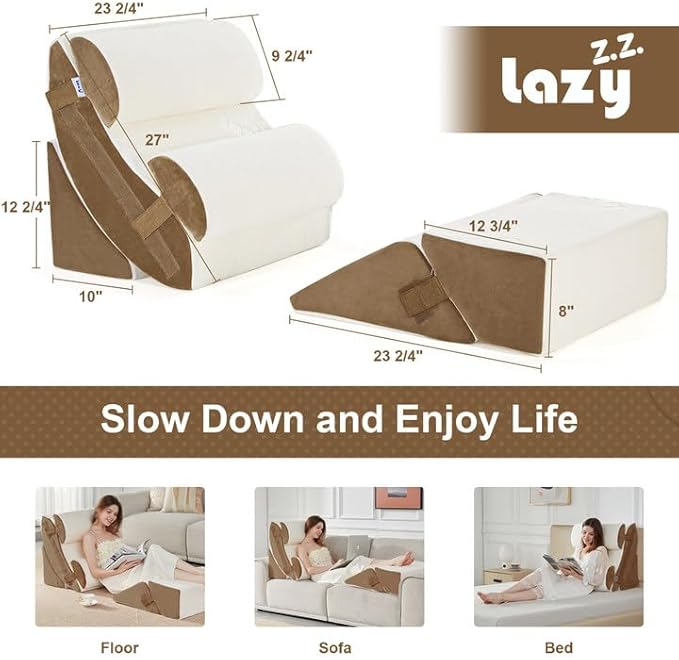 Lazyzizi 6pcs Orthopedic Bed Wedge Pillow Set, Memory Foam Wedge Pillow for Sleeping, Knee, Lumbar and Back Pain Relief Adjustable Bed Pillow - Acid Reflux, Anti Snoring & GERD Sleeping, Brown
