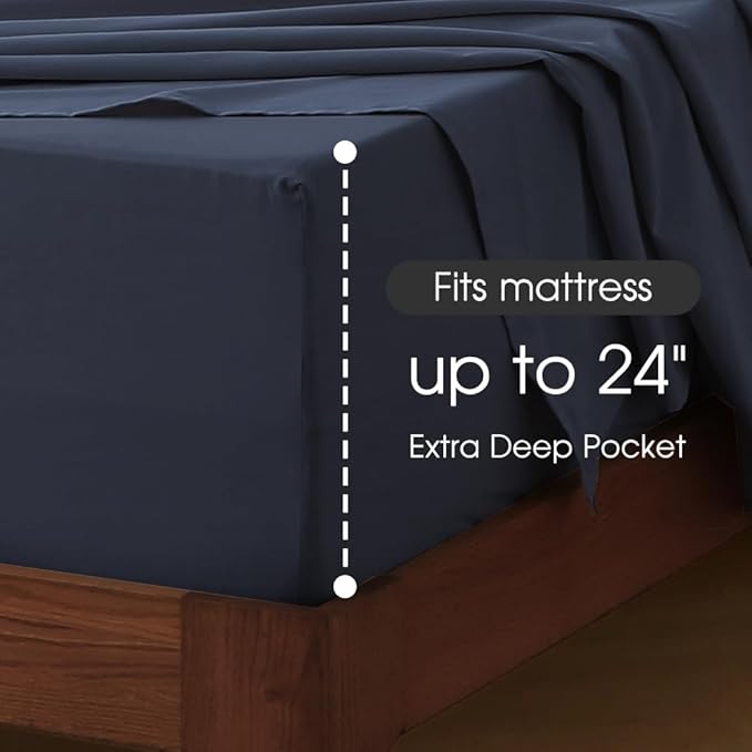 HYPREST Extra Deep Pocket Cal King Sheet Sets Fits 18"-24" in Thick Mattress -100% Cotton Sheet Set,Navy Blue Sheets Soft Wrinkle Free Cooling Sheet Sets