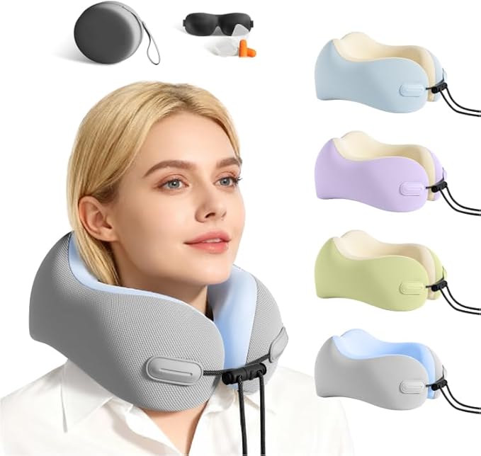 Cool Fly - Cool Colors Travel Neck Pillow Set. Cool Bright Fashion Pastel Colors. Luxury Memory Foam Airplane Adjustable Pillow. Cooling Silky Breathable Cover with Bonus Sleep mask, Purple-Beige