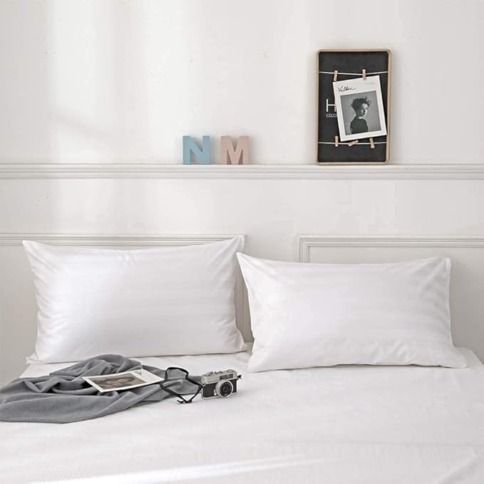 Pillow Protector Standard Size 100% Egyptian Cotton Pillow Covers, 400 Thread Count Sateen Weave Cooling Pillow Cases with Zipper Hidden, Breathable - Easy Care, Set of 2 (Striped White)