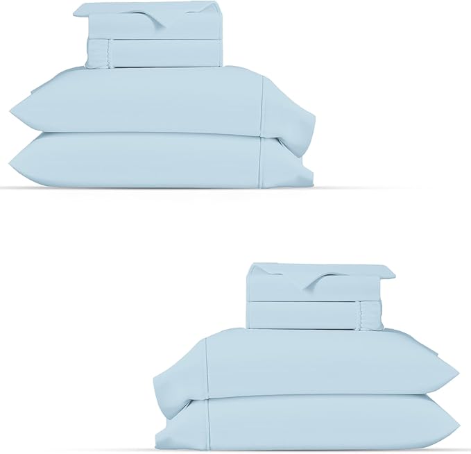 TEXAS LINEN CO. 100% Organic Cotton Percale Sheets Full Size Pack or 2 - Soft & Crisp Organic Cotton Sheets Full Size (8 PC, Light Blue), 16" Deep Pocket Percale Weve Bed Sheet Set - GOTS Certified