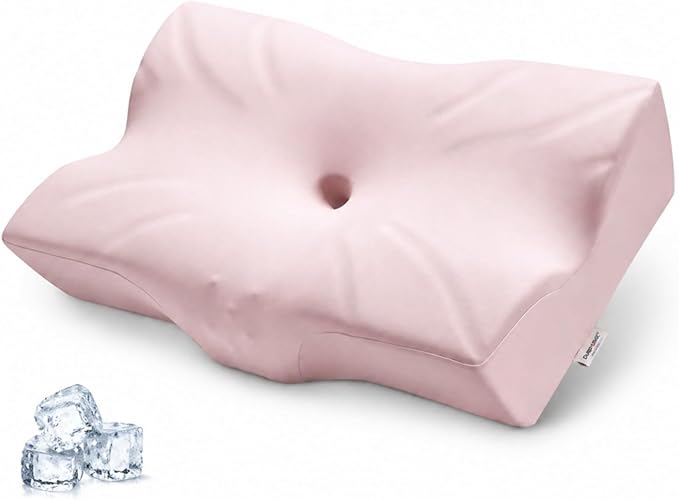DOBUONO Cervical Neck Pillow - Side Sleeper Pillow for Neck Pain Relief, Odorless Memory Foam Pillow with Cooling Cover & Dual Height, Ergonomic Contour for Neck & Shoulder Support, Pink