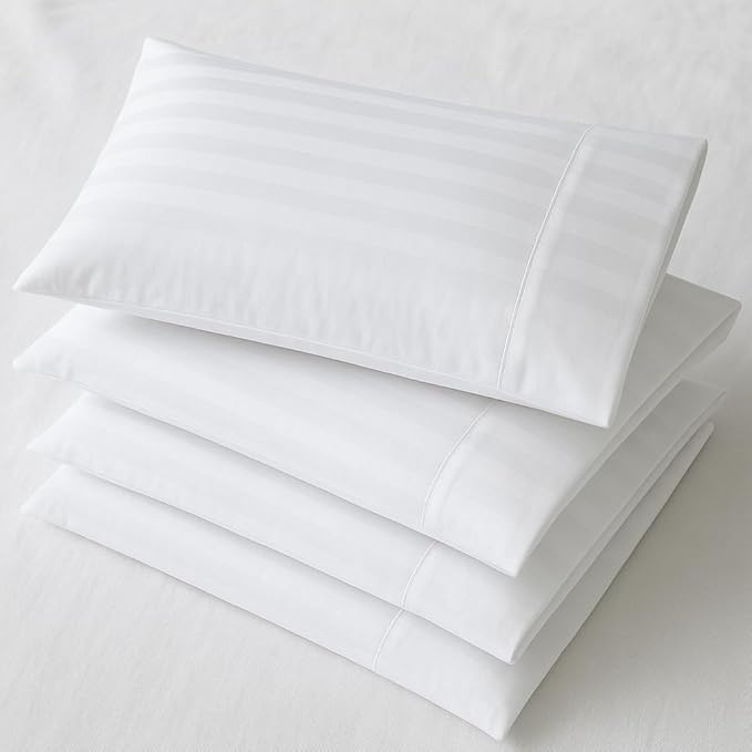 Mattress-Homes Hotel Quality Premium Pillowcases King Size Set of 4 Cotton Pillows for Sleeping, Smooth & Silky Cozy Breathable Bed Pillow Covers Machine Washable in White Stripe