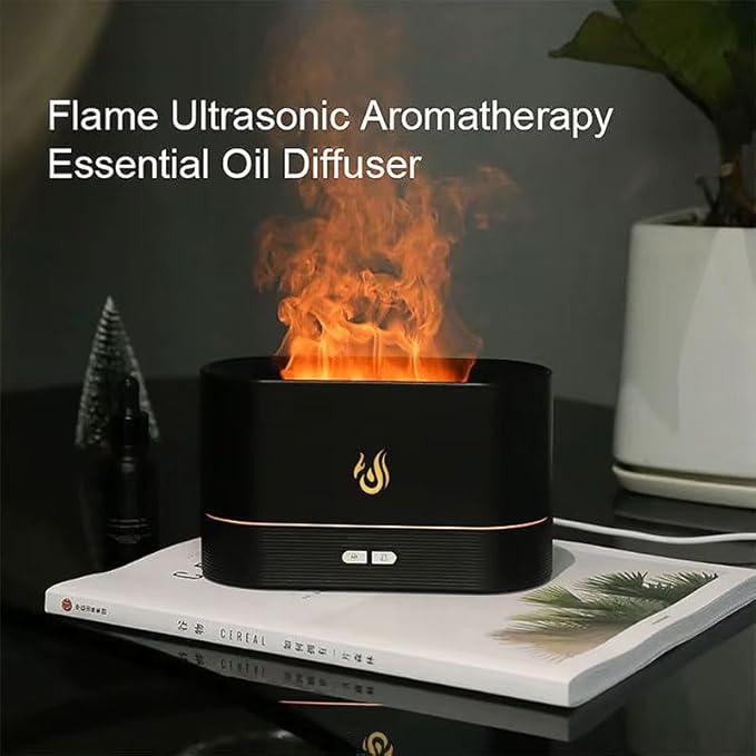 Flame Effect Essential Oil Diffuser, Black, LED Mood Light, 2-Button Control
