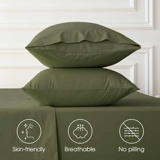 HYPREST Deep Pocket Queen Sheet Sets Fits 18"-24" in Deep Mattress -100% Cotton Queen Sheet Set,Green Hotel Luxury Soft Wrinkle Free Cooling Sheet Sets for Queen Bed