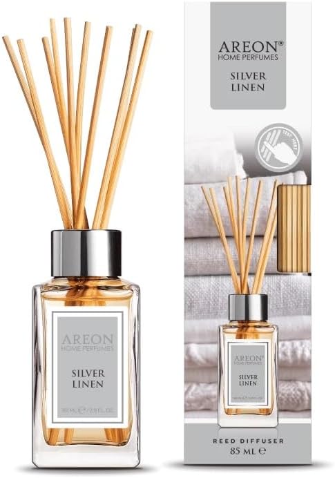 Areon Home Luxury Perfume Reed Diffuser + 10 Rattan Reeds, Silver Linen 85 ml
