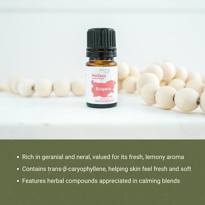 Melissa Essential Oil - Direct from Bulgarian Sustainable Farms - Steam Distilled - Aceite Toronjil for Aromatherapy, Massage, Diffuser, DIY Candle and Soap Making - 5ml