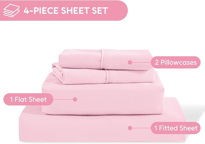 King Size Sheets Set, 4 Pieces Hotel Luxury Soft Microfiber Bed Sheets Set, Up to 16" Deep Pockets, Oeko-Tex Sheets with Elastic, Breathable, Wrinkle Free (Light Pink, King)