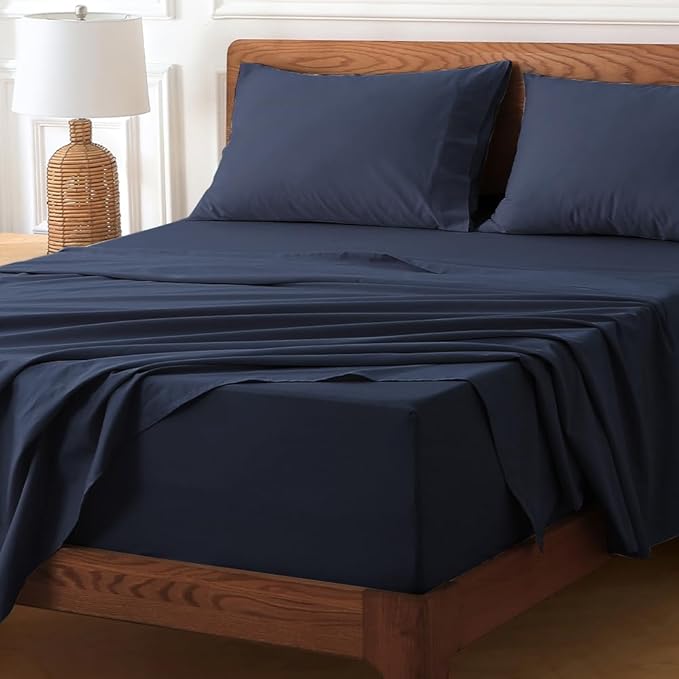 HYPREST Extra Deep Pocket Queen Sheet Sets Fits 18"-24" in Thick Mattress -100% Cotton Queen Sheet Set,Navy Blue Sheets Soft Wrinkle Free Cooling Sheet Sets for Queen Bed Deep Pocket