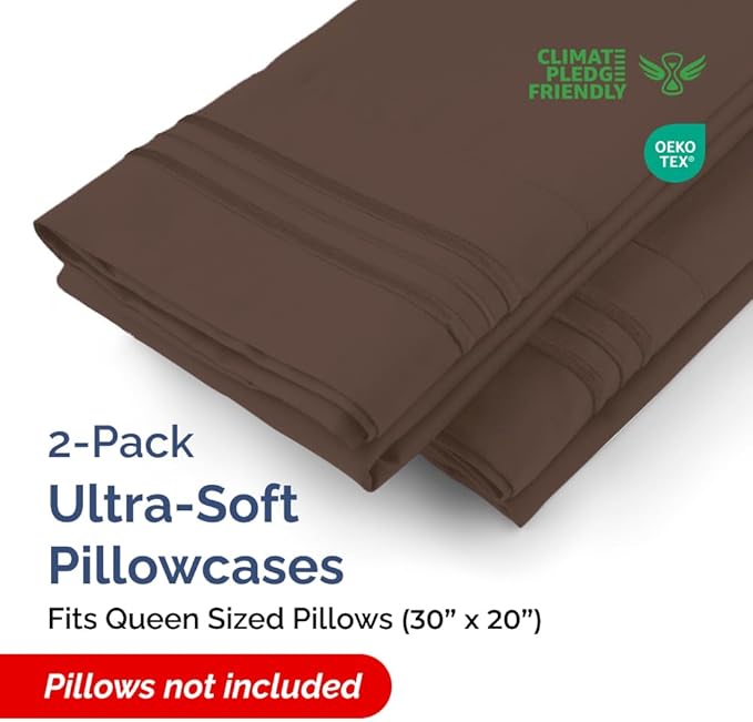 Queen Pillow Cases Set of 2 - Ultra Soft Hotel Quality Pillowcase Covers - Comfy, Cozy & Wrinkle Free - Shrinkage, Stain and Fade Resistant - Machine Washable Pillow Protectors - 2 Piece Set - Brown
