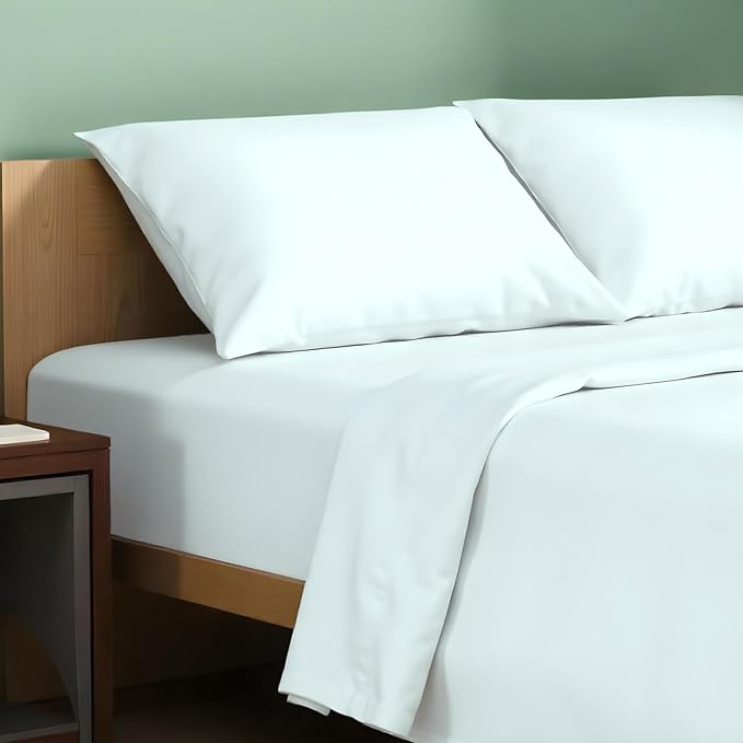 TEXAS LINEN CO. 100% Organic Cotton Sheets California King Size - 4 PC Organic Cotton Cal King Size Percale Weave Sheet Set, Soft, Cooling & Crisp, 16" Deep Pocket Hotel Quality Bedding Set - Sea Foam