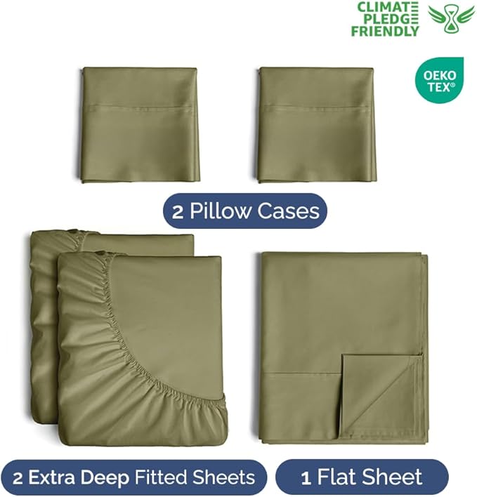Extra Deep Split King Sheet Set - 5 Piece Breathable & Cooling Bed Sheets - Easily Fits 18 to 24 inch Mattress - Soft, Wrinkle & Fade Free with Extra Deep Pockets - Hotel Luxury Bedding - Sage Green