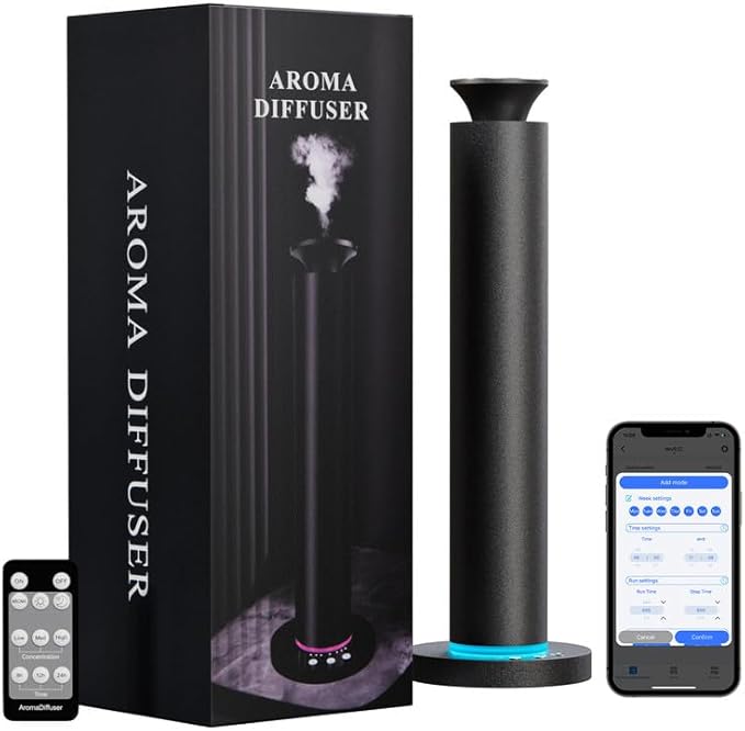Waterless Scent Diffuser Machine with 4 Lights and Breathing Lights Modes Max Coverage 2500 sq.ft. Essential Oil Diffusers Fragrance Large Room Rechargeable App Remote Control Carbon Black