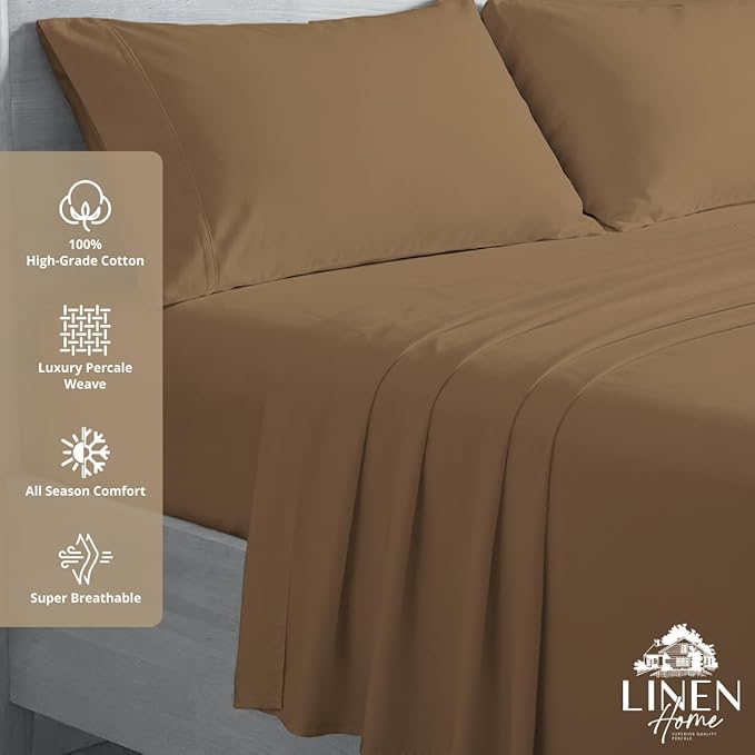 Linen Home 100% Cotton Percale Sheets Queen Size, Earthy Brown, Deep Pocket, 4 Pieces Set - 1 Flat, 1 Deep Pocket Fitted Sheet and 2 Pillowcases, Crisp Cool and Strong Bed Linen