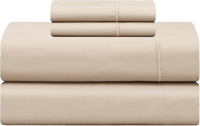 Feather & Stitch 500 TC Queen Size 4pc Damask Bed Sheet Set, 100% Soft Cotton Breathable Bedsheets, 18" Deep Pockets Sateen Weave Solid Bedding Mattress Resort Hotel Luxury Decor - (Champagne Beige)