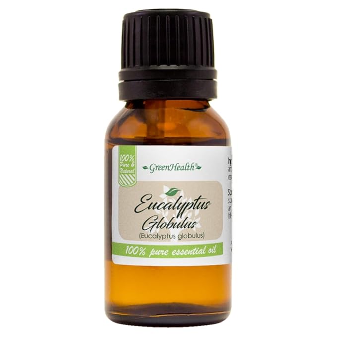 GreenHealth Eucalyptus Essential Oil – 15 ml (0.5 fl oz) – 100% Pure & Natural – Therapeutic Grade Aromatherapy Oil – Amber Glass Bottle with Euro Dropper – for Diffuser, Cleaning, Home Use