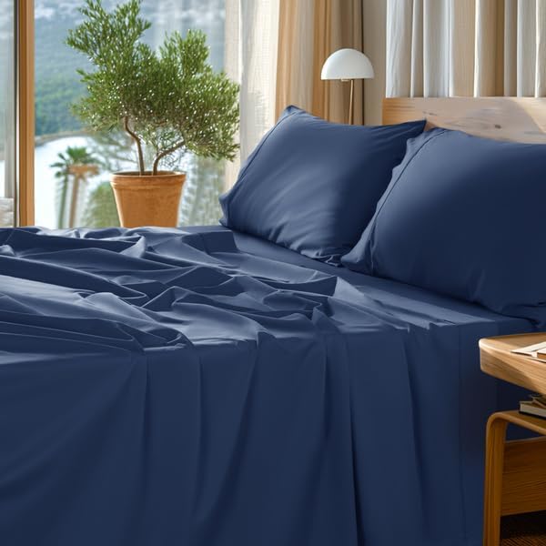 SONORO KATE 100% Egyptian Cotton Sheets Set - 1000 High Thread Count, Luxury 5-Star Hotel Sateen Bed Sheets, Soft, Breathable Long Staple Sheets, Fit up to 16" - 4 PC (Navy Blue,Full)