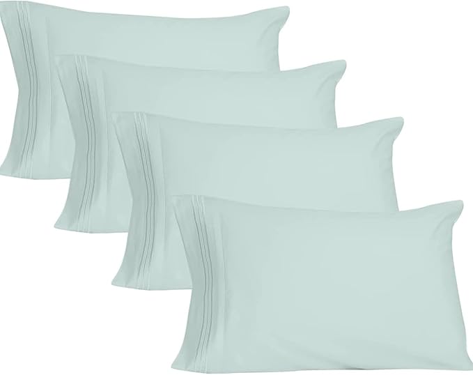 YIYEA Pillow Cases Queen Size Set of 4, Ultra Soft 1800TC Hotel Quality Double Brushed Microfiber Embroidered Pillowcases, Envelope Closure, Fade Resistant (20"x30", Aqua)