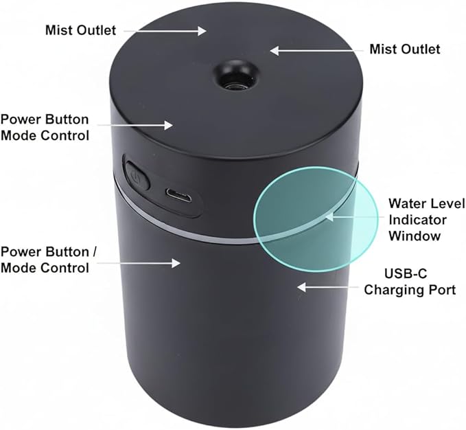 Car Humidifier with Lights, 300ML Essential Oil Diffuser USB Powered with 2 Mist Modes, Portable Air Freshener for Desktop Bedroom Office Travel (Black)