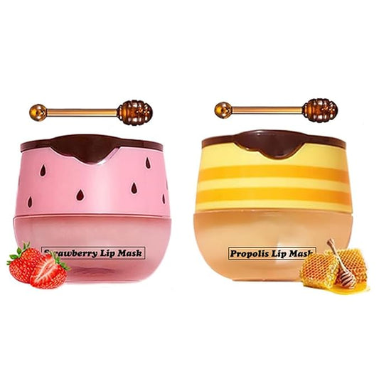 2 PCS Honey Lip Mask, Strawberry & Watermelon & Apple Lime Lip Sleeping Mask Propolis Moisturizing Lip Balm with Stick, Vitamin E Lip Masks, Repairs And Prevents Chapped Lips (Honey & Strawberry)