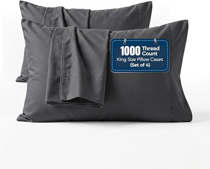 1000 TC Pillowcases Set of 4 100% Egyptian Cotton Pillow Cases with Long Staple Cotton & Sateen Weave, Silky Soft Hotel Like Bed Pillow Covers, Snug Fit (Dark Gray, 4 Pc King)