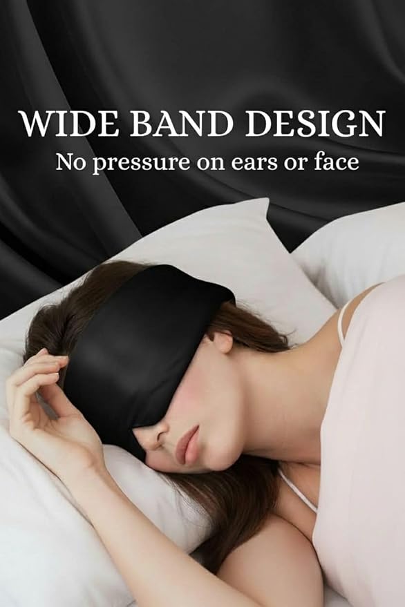 Silk Sleep Mask by The Sakoon Shop, 100% Silk, Weighted, Blackout Eye Mask with Adjustable Velcro Band, Wide Band Design, No Presure on Ears or Face (Black)