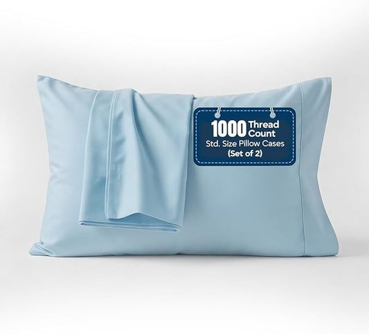 1000 TC Pillowcases Set of 2 100% Egyptian Cotton Pillow Cases with Long Staple Cotton & Sateen Weave, Silky Soft Hotel Like Bed Pillow Covers, Snug Fit (Light Blue, 2 Pc Standard/Queen Pillowcases)
