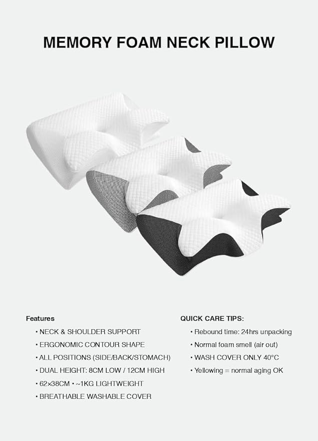 Cervical Neck Pillow for Sleeping, Contoured Ergonomic Memory Foam Cervical Pillow for Side, Back & Stomach Sleepers, Cervical Pillow with Washable Breathable Cover (Grey, 24.5 x 15 x 4.72 inches)