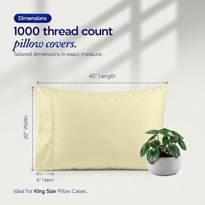 1000 TC Pillowcases Set of 2 100% Egyptian Cotton Pillow Cases with Long Staple Cotton & Sateen Weave, Silky Soft Hotel Like Bed Pillow Covers, Snug Fit (Ivory, 2 Pc King)