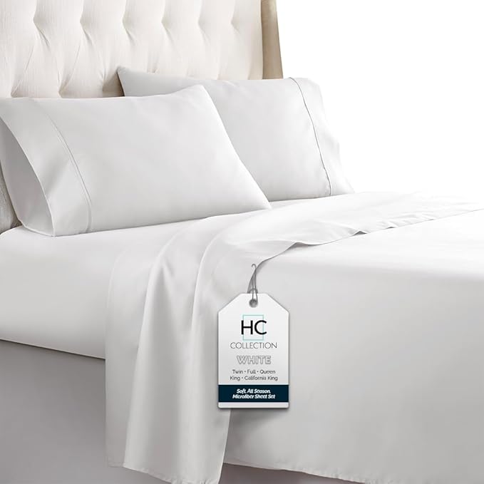 HC COLLECTION Bed Sheets Full Size Set, Hotel Luxury Platinum 1800 Series Brushed Microfiber Sheet w/Pillow Cases, Ultra Soft Lightweight 4 Pcs Bedding for Hot Sleepers Men Women Teens, White