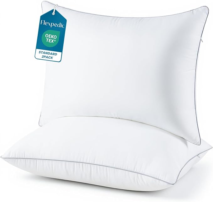 Adjustable Bed Pillows for Sleeping - Pillows Standard Size Set of 2, Soft & Fluffy Down Alternative Fill, Zippered Hotel Quality Pillows with Gray Piping, 110GSM Premium Cover, CertiPUR-US