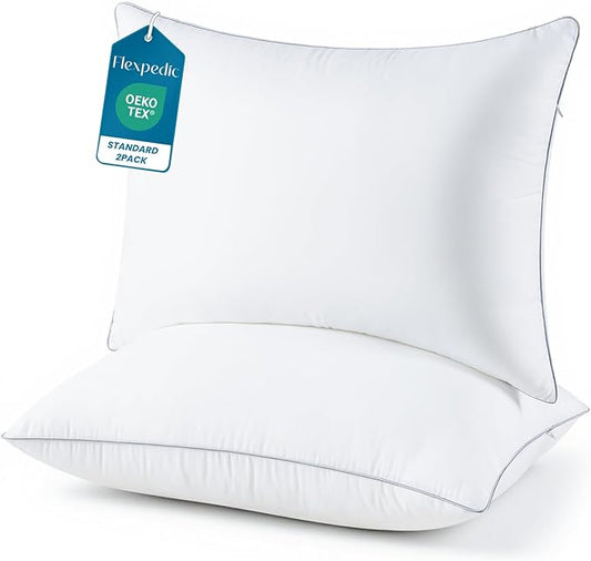 Adjustable Bed Pillows for Sleeping - Pillows Standard Size Set of 2, Soft & Fluffy Down Alternative Fill, Zippered Hotel Quality Pillows with Gray Piping, 110GSM Premium Cover, CertiPUR-US